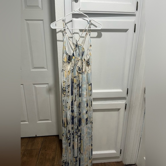 NWT SLOANE ROUGE Blue abstract tropical flowly dress large - Picture 2 of 4